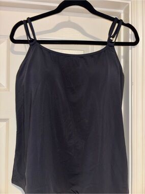 Black Sunsets swim top tank built-in bra L gold accents - adjustable